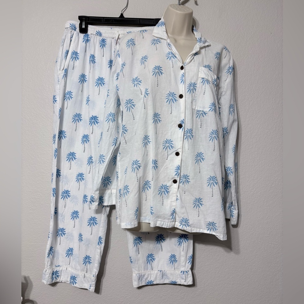 Just Darviny Tropical Made in India Cotton White with Blue Palm Trees Pajama Set